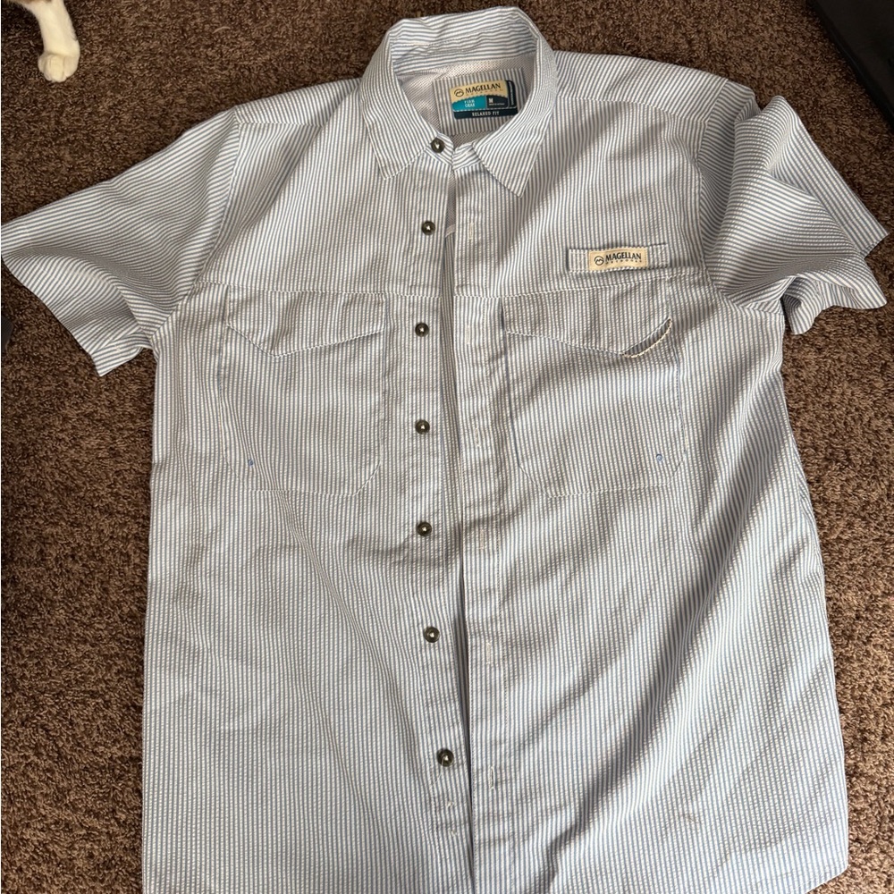 Magellan Outdoors Men’s Short Sleeve Button-Up Shirt - Light Blue Stripe